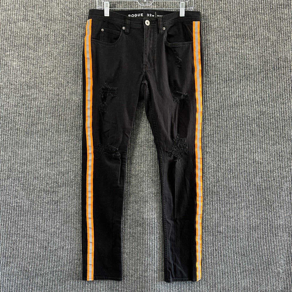 Rogue Mens Skinny Jeans Size 32W Black Distressed Denim Side Striped Low Rise